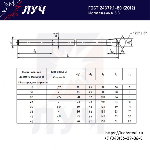 Фундаментные болты с коническим концом 6.3 (любые размеры и диаметры) ГОСТ 24379.1-2012